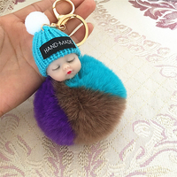 Porte-clés poupée bébé endormi avec pompon fleur et boule en fausse fourrure, porte-clés de voiture moelleux, porte-clés de sac