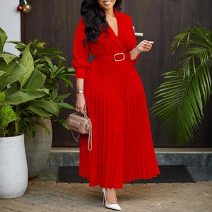 Fashion Spring Ladies Elegant Solid Color V-neck Formal Ladies Pleated Skirt Elegant <strong>Casual</strong> Women's <strong>Wear</strong>