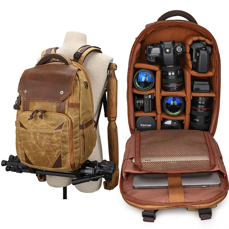 Custom Multi-functional Outdoor Travel Large Capacity Laptop Daypack Waxed Canvas DSLR / SLR Photography Camera Backpack