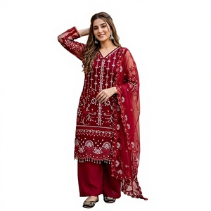 Conjunto de Salwar Kameez Rojo Granate Estilo Pakistaní de Moda, Kurti Recto de Georgette Pesado con Bordado de Lujo y Pantalón Palazzo, Ropa de Fiesta India - Product Image 1