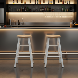 Lot de 2 tabourets de bar en bois naturel, structure blanche, meubles de bar stables pour la maison, style farmhouse - Product Image 2