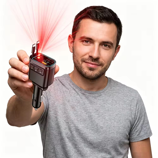 35W Retractable Cable Car Charger, 5-in-1 Type-C PD Fast Charging Station with FM Transmitter & Starlight Ambient Light