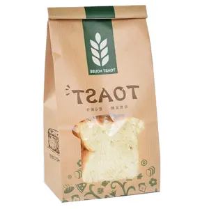 Custom Recyclable Greaseproof Air Flow Toast Slice Image Printed Brown Kraft Pastry Paper Bag with Tin Tie & Window for Bread