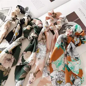 Paisley lụa tóc khăn scrunchies, Ribbon Bow scrunchie với đuôi, hoa in tóc Ribbon quan hệ