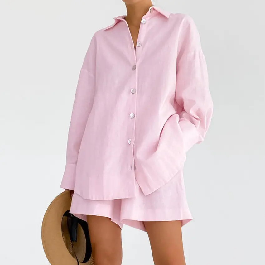 Nuevas llegadas Mujeres Vacaciones de verano Vacaciones 100% Algodón manga larga dos piezas al aire libre loungewear pijamas conjunto