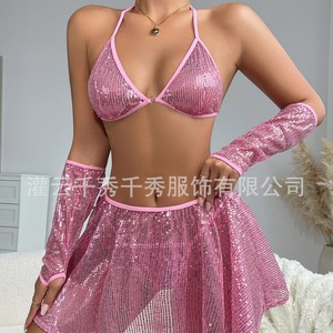 2025 AliExpress Foreign Trade Women's Sexy Two-Piece Swimsuit with Glossy <b>Triangle</b> Bag <b>Bikini</b> <b>Set</b> 9019 - Product Image 5