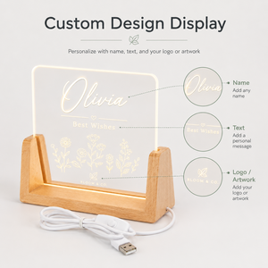 Base per Lampada <span class=keywords><strong>LED</strong></span> a Forma di U Lunga in Legno, Alimentata via USB, Finitura Naturale, Espositore da Tavolo Illuminato per Pannelli Acrilici Personalizzati - Product Image 5