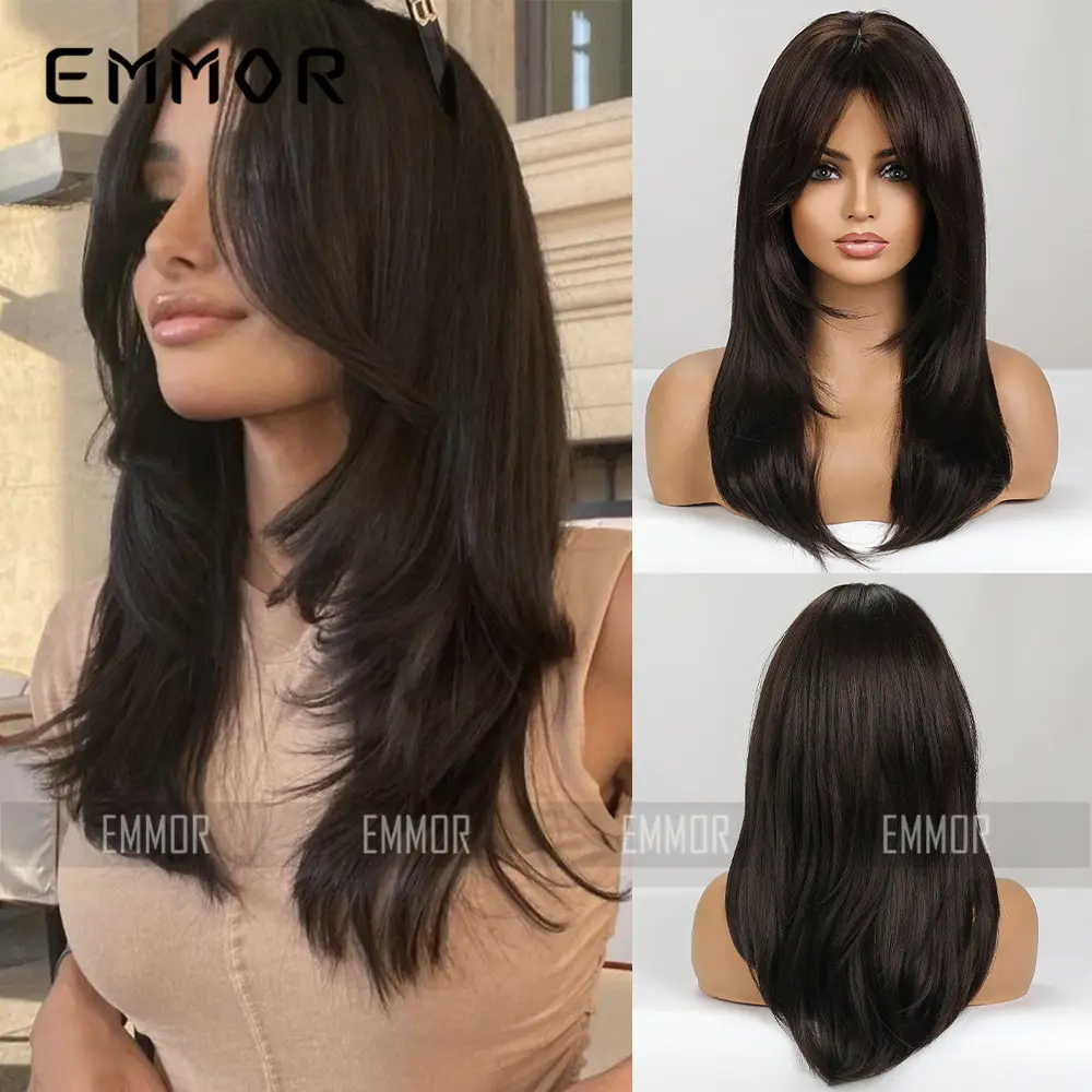 Heat Resistant Fashion Natural Daily Party Wig Straight Wavy Brown Synthetic Wig With Bangs