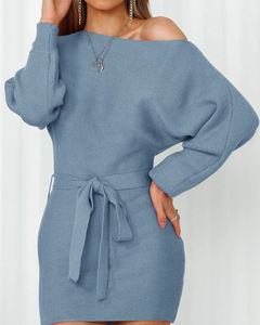 Prix usine Boutique tricots femmes épaule froide tricoté robe moulante avec ceinture élégante rencontre Shopping belle robe pull - Product Image 3