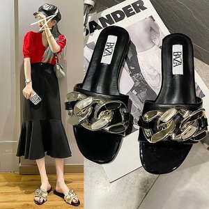 Coreano ultima estate metallo OAutersole donna Pu pantofole scorrevoli in pelle catena d'oro scarpe basse aggiungi il mio Logo nome sui sandali da donna - Product Image 2