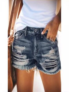 Shorts en jean vintage déchirés pour femme, taille haute, délavés, à franges, boutonnés, avec trous et empiècements, poches d'été - Product Image 4