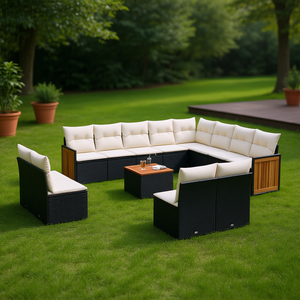 Ensemble de canapés de jardin noir et crème en rotin, mobilier d'extérieur 10 places, résistant aux intempéries, design contemporain, bois de teck - Product Image 2
