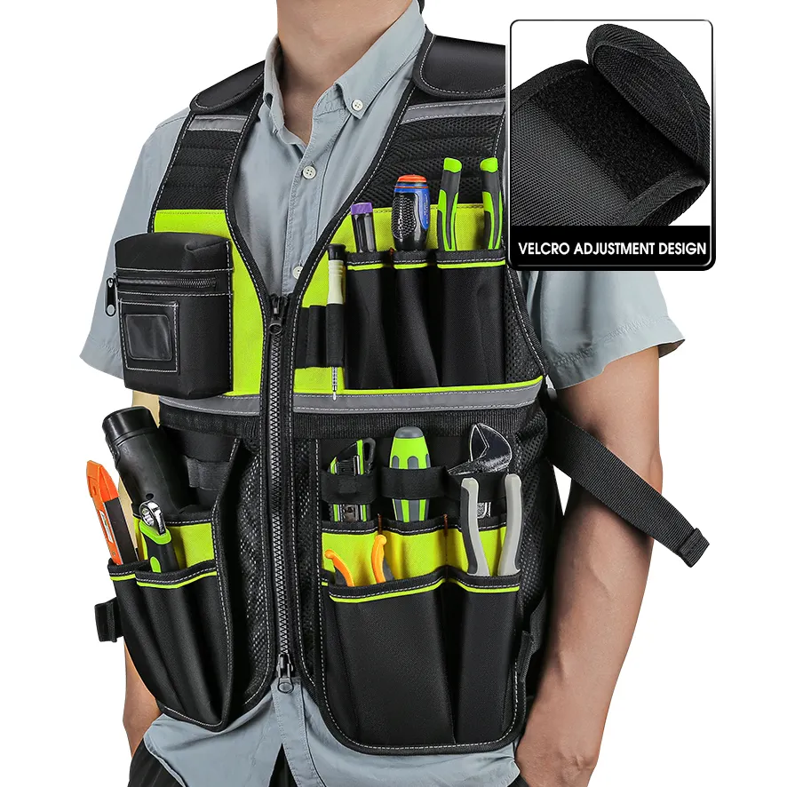 Workwear Allround Trabalho Ferramenta Vest Reflective Ferramenta de Segurança Vest com Multi-bolsos e Zipper Heavy Duty Ferramenta Vest para eletricistas