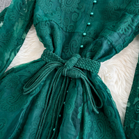 Robe midi élégante pour femme, décontractée, en dentelle brodée, coupe trapèze, col montant, manches longues lanternes, ceinturée, fluide, pour le quotidien et les vacances