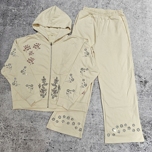 Custom Rhinestone Zip Baggy Hoodie Sweatpants Jogger Two Piece Set Dtg Print Spring Heavyweight Vintage Acid Wash Men <strong>Tracksuits</strong> - Product Image 1
