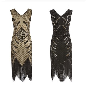 1920s Retro <b>Sequin</b> Beaded Tassel Dress V-Neck Sleeveless Evening Party Dress S-4XL Vintage Handmade - Product Image 3