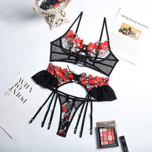Sexy Lace Flowers Embroidery Transparent Sexy Lace-Up Lingerie Sets Three Piece Womens Sexy Underwear - Product Image 6