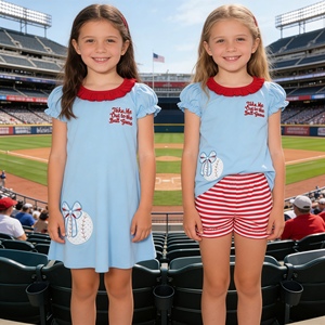 GSSO3245 rts Ensemble pour petite fille active, bleu, avec nœuds de baseball, broderie sur le thème du jeu de la balle, manches à volants, vente en gros pour enfants - Product Image 4