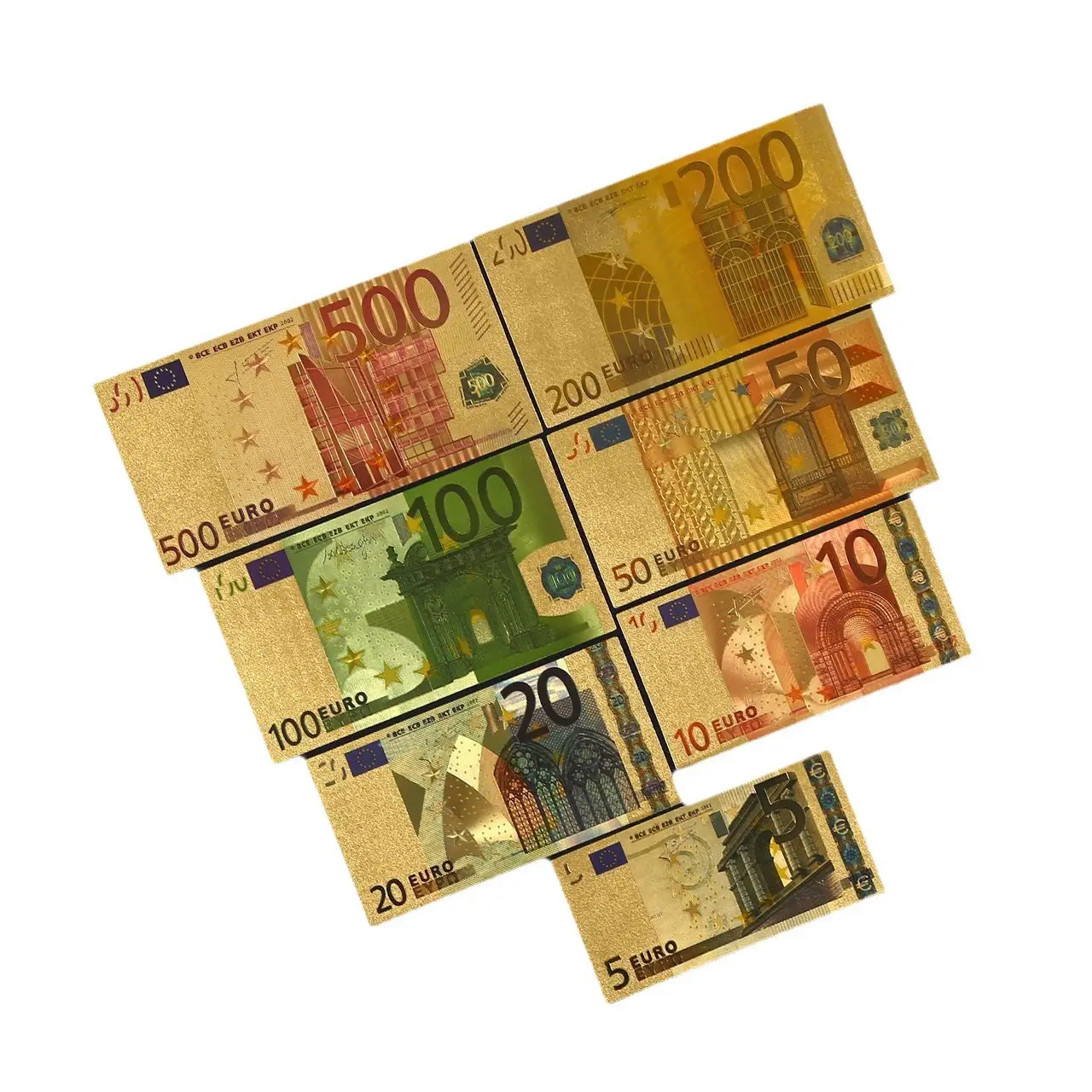 7 teile/satz 5 10 20 50 100 200 500 24k Gold Farbe Folie Euro Banknote für Souvenirs Münze