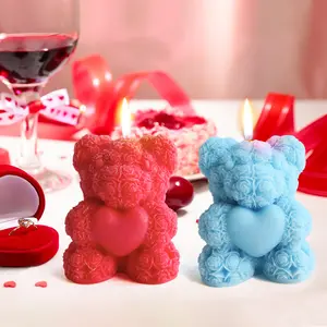 J523厂家定制情人节礼物花玫瑰熊香味蜡烛爱心泰迪3D玫瑰熊玫瑰蜡烛