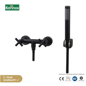 Grifo de ducha de pared negro mate con doble manija cruzada y ducha de mano, mezclador de latón para baño con agarre moleteado, estilo vintage - Product Image 1