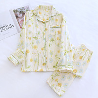 Ensemble de gaze crêpe japonaise en pur coton printemps automne pantalon à manches longues avec fermeture à la taille élastique Cardigan léger pour un usage domestique