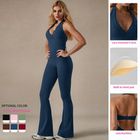 Combinaison de yoga pour femme à col halter, dos nu en dentelle, avec coussinets de poitrine intégrés, jambes évasées, pour la gym, le fitness et le sport