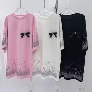 Venta al por mayor Vintage de <span class=keywords><strong>alta</strong></span> calidad de lujo <span class=keywords><strong>Boutique</strong></span> vestidos de las mujeres camiseta de gran tamaño de <span class=keywords><strong>moda</strong></span> arco cuello redondo Casual personalizado - Product Image 1