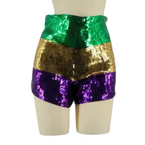 Mardi Gras Color Blocked Shorts Girls Women Purple Green Yellow Mommy And Me Sequins Stretch Shorts