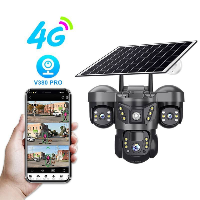 V380 High Definition 4G/WiFi Solar CCTV Camera with Three Lenses for Enterprise & Household Use Optional Memory Card Farm Safety