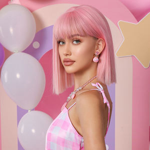 Peluca sintética de Bob rosa con entrega inmediata para mujer, pelucas cortas y rectas con <span class=keywords><strong>flequillo</strong></span>, fiesta de pelo falso de Cosplay de colores rosas - Product Image 2