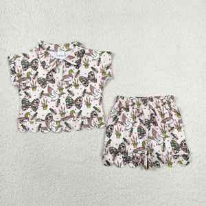 GSSO3669 rts Ensemble d'été pour petite fille, imprimé camouflage et nœuds, tenue à manches courtes pour enfant, ensemble festonné - Product Image 1