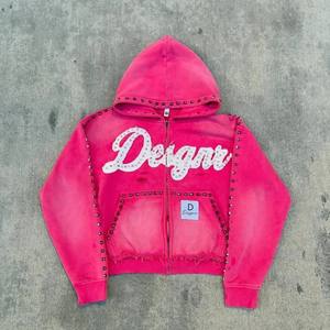 Streetwear personnalisé vieilli lavé 100% coton sweat à capuche zippé Boxy poids lourd soleil fané strass sweats à capuche zippés costume short - Product Image 1