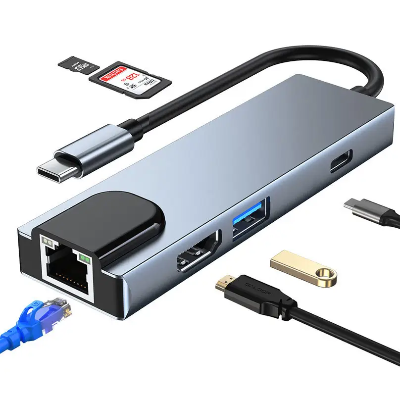 JMAX ฮับ USB C 6 IN 1,ฮับ USB C ไปยัง HDTV LAN USB3.0 PD Tf/sd 6 IN 1พร้อม USB RJ45