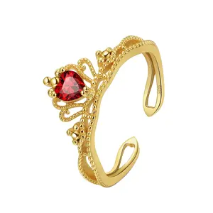 RINNTIN GMR16 Natural Stone Garnet Crown Wedding Ring 14K Gold Ruby Filigree Statement Engagement Adjustable Ring