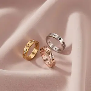 4mm Stainless Steel Roman Numerals Ring Hot Selling 4 Diamond Number Hollow Zirconia CZ Zircn Couple Rings 18K Gold PVD Plated