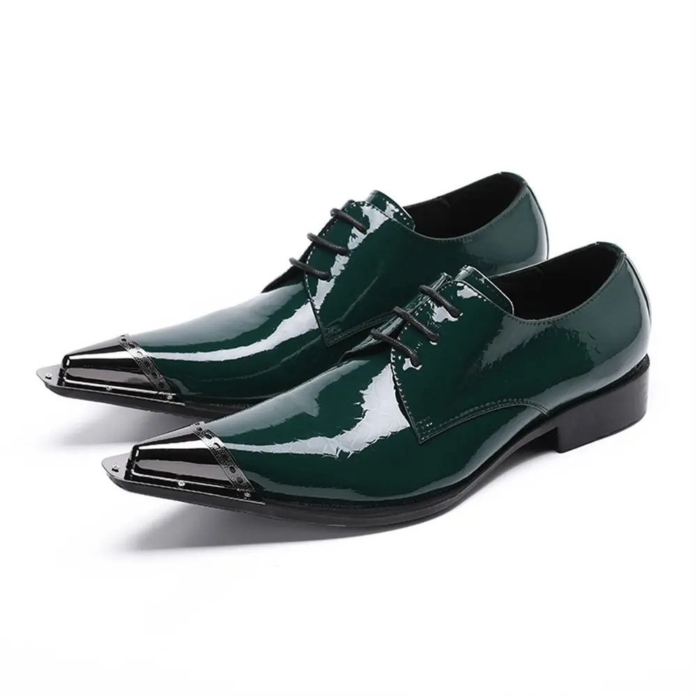 Drop shipping Green Men's Business Casual Oxford Cowhide Leather Party Performance Patent Leather Dress Gentleman Lace-Up Shoes