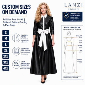 Abito Lungo Modesto <span class=keywords><strong>in</strong></span> <span class=keywords><strong>Taffetà</strong></span> Personalizzato per Donne, con Colletto e Maniche a Tre Quarti, Cinturato, Fornitore all'Ingrosso di Abbigliamento - Product Image 3