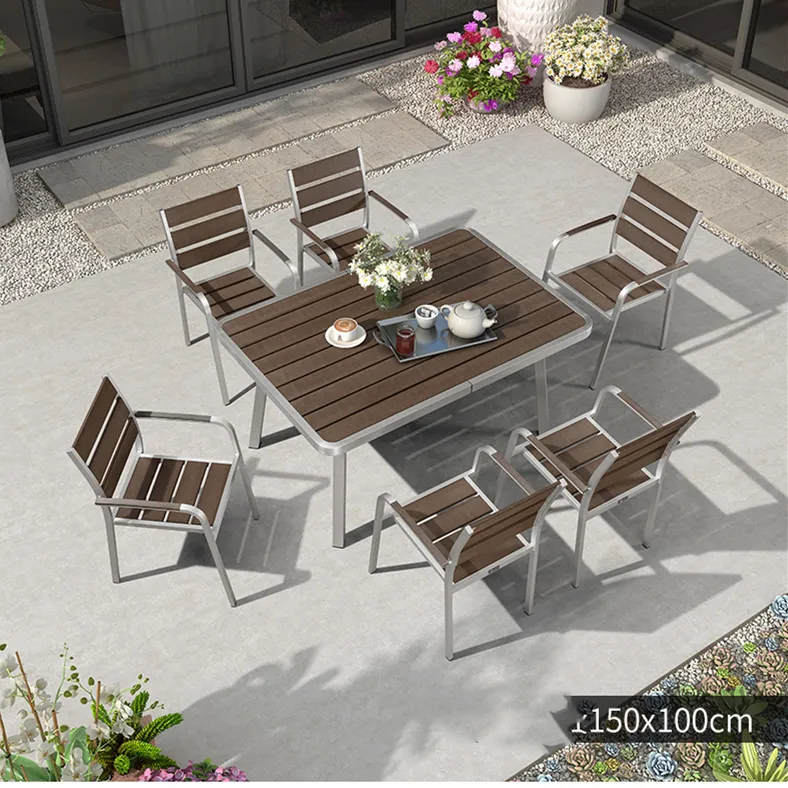 Moderno ocio impermeable Muebles de Jardín aluminio cepillado madera rectangular mesa y silla al aire libre WPC restaurante comedor conjunto