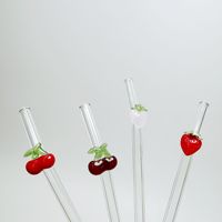Sedotan Kaca Borosilikat Tinggi Desain Kupu-kupu Bunga Buah yang Ditempel Dingin Tahan Panas Biodegradable Panjang 200mm untuk Teh Susu