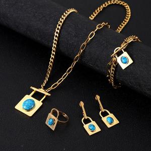 ステンレススチール ターコイズ ブレスレットセット ジョーカーネックレス スクエアペンダントチャーム 4点ジュエリーセット - Product Image 1