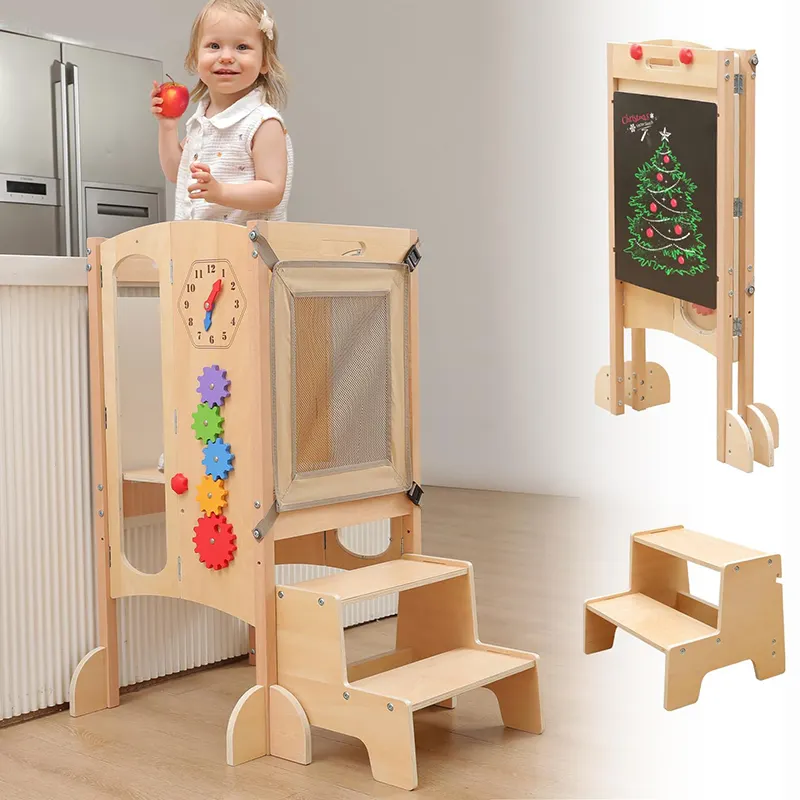 Faltbarer Küchen hocker für Kleinkinder mit 2-Stufen-Hocker Holz-Kleinkind hocker mit Sicherheits netz Montessori-Aktivität spiele