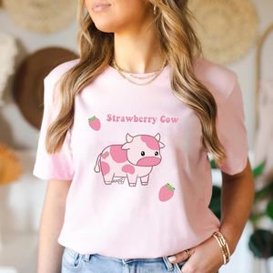 FOXA เสื้อยืดลายวัวสตรอเบอร์รี่สีชมพู เสื้อยืดกราฟิกผู้หญิงแขนสั้นผ้าฝ้ายฤดูร้อนคาวาอิ คอกลมสไตล์น่ารัก - Product Image 2