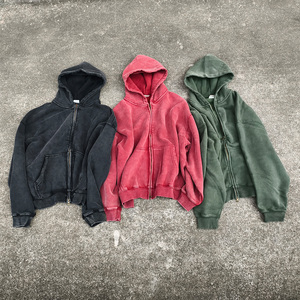 Boxy phù hợp cắt tùy chỉnh quá khổ dây kéo unisex Mens axit rửa Mens Hoodie - Product Image 1