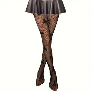 Women's sexy mesh pantyhose with spider skull pattern hollowed out tight fitting sweater knitted Halloween women's fishing net
