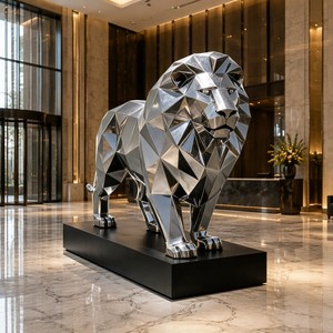 Sculpture de <span class=keywords><strong>lion</strong></span> géométrique moderne en acier inoxydable, poli miroir, grande statue de <span class=keywords><strong>lion</strong></span> en métal pour la décoration paysagère extérieure du jardin - Product Image 5