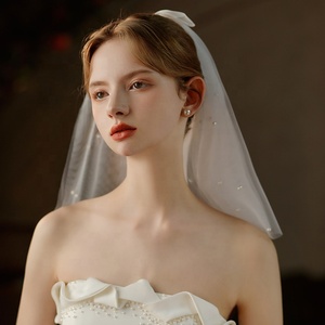 Velo da sposa con perla corta con fiocco bianco retrò a doppio strato, un popolare copricapo per la registrazione del matrimonio e il matrimonio - Product Image 4