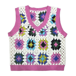 OEM personnalisé crochet femmes <span class=keywords><strong>pull</strong></span> court gilet solide motif couleur bloqué creux main tricots <span class=keywords><strong>pull</strong></span> <span class=keywords><strong>tricot</strong></span>é méthode de tissage - Product Image 1