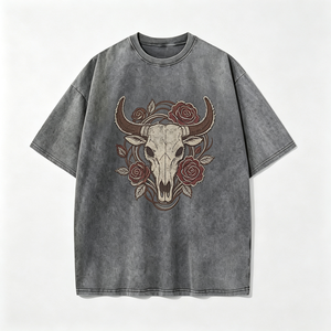 Camiseta de Algodón Grueso con Lavado Ácido para Hombre, Gris Oscuro, Estampado de Calavera de Toro y Flores, Estilo Vintage Desgastado, Streetwear Oversize - Product Image 3