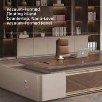 Bureau de direction moderne de luxe en forme de L avec panneau thermoformé, armoire latérale et bibliothèque LED